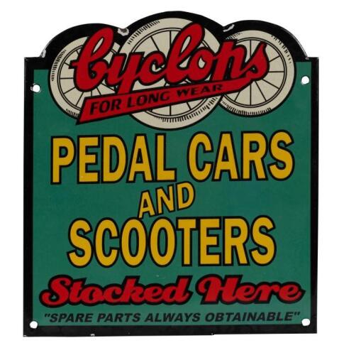 CYCLOPS: A high quality reproduction enamel Cyclops Pedal Cars and Scooters 'Stocked Here' sign, 33.5cm wide, 37cm high