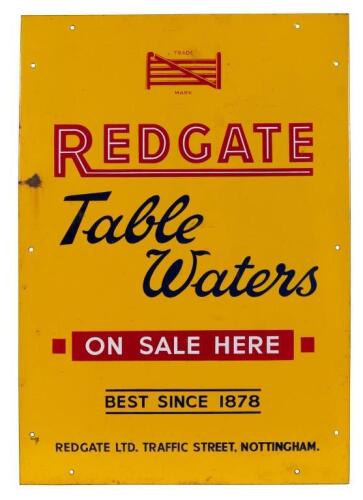 RED GATE: A excellent original Redgate 'Table Waters - On Sale Here' enamel sign. 'Traffic Street Nottingham' United Kingdom 48.5cm wide, 70cm high.