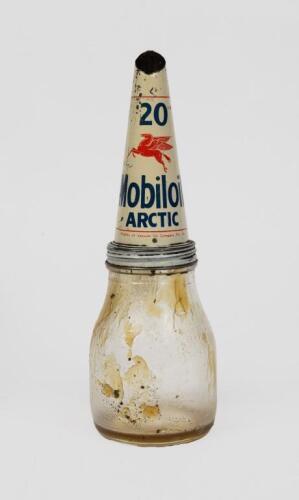 MOBIL: A one imperial glass pint oil bottle with original Mobiloil '20' 'Arctic' tin pourer, featuring the flying pegasus