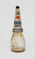MOBIL: A one imperial glass pint oil bottle with original Mobiloil '20' 'Arctic' tin pourer, featuring the flying pegasus