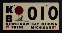 KEWEENAW BAY: A 1987 keweenaw bay ojibwa tribe michigan license plate 'KB 010'