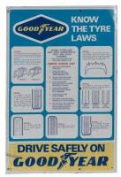 GOODYEAR: A original tin screen printed Goodyear tyres 'Know The Tyre Laws' sign displaying various safety checks for your tyres, 50.5cm wide, 76cm high.