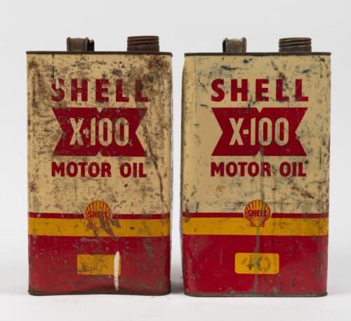 SHELL: Two Shell X-100 Motor Oil one imperial gallon tins by Dominion Can. Melb.