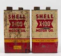 SHELL: Two Shell X-100 Motor Oil one imperial gallon tins by Dominion Can. Melb. - 2