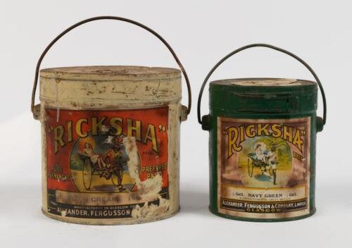 RICKSHA: Two c1910 unopened 'Ricksha' brand 'Pure Permanent Prepared Paint' paper label paint tins including one 1/4 gallon tin and one 1/2 gallon tin by Alexander, Fergusson & Company, Limited Glasgow.