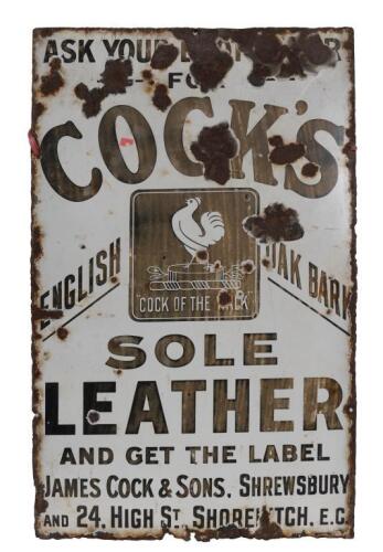 COCKS: An early original 'Cocks English Oak Bark Sole Leather' enamel sign by James Cock & Sons, Shrewsbury England. 38cm wide, 60.5cm high.
