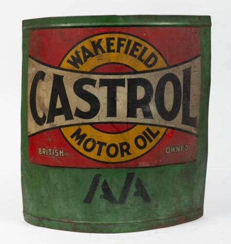CASTROL: A Castrol Wakefield motor oil tin drum cover affixed with Castrol Wakefield 'Bowtie' sign, 53.5cm high, 50cm wide.