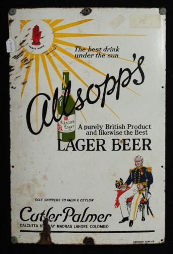 ALLSOPPS: A excellent pictorial enamel 'Allsopps' lager beer sign by Garnier enamellers London. Measures 50.5cm wide, 76cm high.