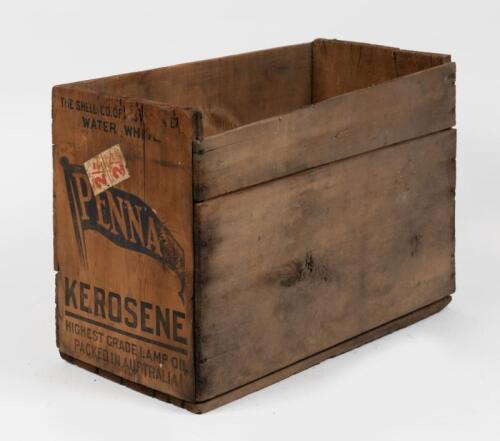 PENNANT: A vintage Shell 'Pennant Kerosene' wooden box with early printed advertising to either end