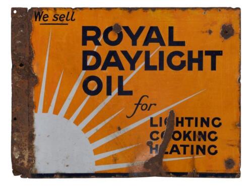 ROYAL DAYLIGHT: A original c1930s double sided post mount 'Royal Daylight Oil' enamel sign. Advertising the sale of Lighting, Cooking & Heating oils - (Kerosene & Paraffin) 54cm wide, 40.5cm high.