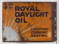 ROYAL DAYLIGHT: A original c1930s double sided post mount 'Royal Daylight Oil' enamel sign. Advertising the sale of Lighting, Cooking & Heating oils - (Kerosene & Paraffin) 54cm wide, 40.5cm high. - 2