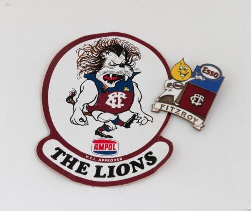 AFL/VFL: A high quality reproduction small enameled Fitzroy Esso 'Drip Man' badge by Bertram bros Melbourne with original Ampol 'The Lions' sticker