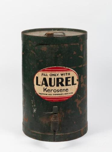 LAUREL: A large Laurel Kerosene oil drum/dispenser, Possibly 10-15 Gallon. Screen Printed 'Fill Only. With Laurel Kerosene Vacuum Oil Company Pty Ltd' by De Nesfe.