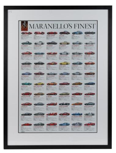 MARANELLO: A superb large framed and glazed print titled 'Maranello's Finest' featuring 60 of Ferrari's finest creations. Such as 250 Europa GT, 500 Superfast, Testarossa, Enzo and many more! Measures 80.5cm wide, 106.5cm high overall. Print itself, 58cm 