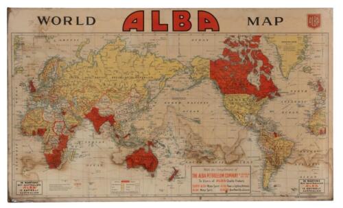 ALBA: A circa 1940s world map compliments of the Alba Petroleum Company, annotated to lower left and right "In Wartime Buy Australian, Alba is Entirely Australian" 110cm wide, 60cm high.