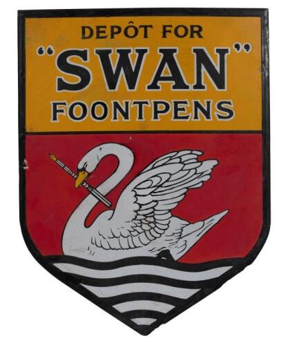 SWAN: A original enamel shield form 'Swan Foontpens' Fountain pens enamel sign, 38cm high