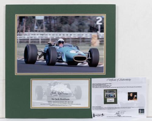 JACK BRABHAM: A 'Sir Jack Brabham' collage mounted to board, autographed by Jack Brabham to lower signature card, with COA