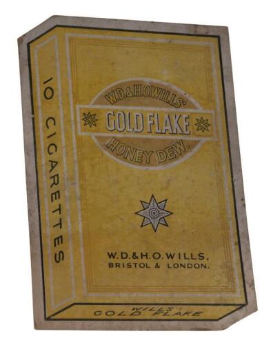 WILL'S: A original cardboard shop display of an oversized Wills's Gold Flake 'Honey Dew' cigarette pack, 29cm wide, 41cm high.