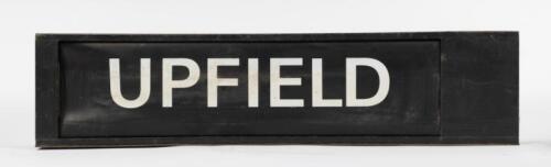 TRAIN: An original Victorian train destination box currently showing 'Upfield' line likely from a Hitachi train 23cm high, 99cm wide. Last serviced in 2001.