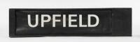 TRAIN: An original Victorian train destination box currently showing 'Upfield' line likely from a Hitachi train 23cm high, 99cm wide. Last serviced in 2001.