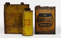 OIL TINS: Three motor oil tins including two one imperial gallon tins, early Golden Fleece & Shell as well as a later one quart Shell tin