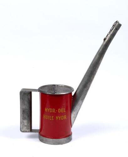 JUG: A interesting French hydraulic oil dispenser jug with hinged lid, long pourer with dust cap on chain.