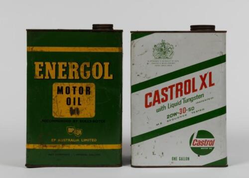 OIL TINS: Two one gallon motor oil tins including transitional BP & COR 'Energol Motor Oil' tin & Castrol XL 20W-30-50 M.S motor oil tin.