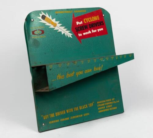CYCLONE: A excellent tin shop display for 'Cyclone Forgings' screwdrivers Abbotsford Victoria. 44.5cm wide, 49.5cm high.