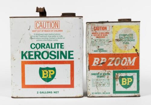 BP: Two BP tins including a 2 gallon 'Coralite Kerosine' tin and BP 'Zoom' one gallon two stroke fuel tin.