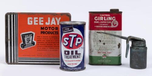 TINS: A collection of tins including STP oil treatment, Castrol Girling brake and clutch fluid one pint, Gee Jay parts tin and a small handy oiler