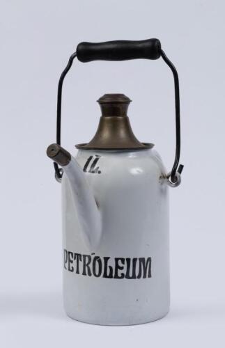 JUG: A white enameled French 1L 'Petroleum' jug, with brass lid and dust cap