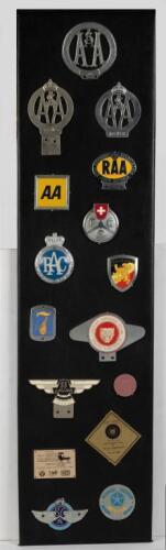 BADGES: A well presented display board, displaying 16 automotive badges including AA & RAC members grille badges and other club badges