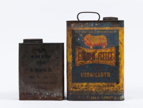 TINS: A Golden Fleece lubricants 1 imperial gallon motor oil tin along with Nasco Holden differential oil 2.82 pint tin