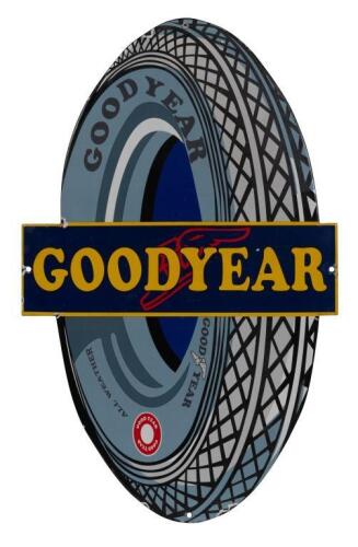 GOODYEAR: A high quality reproduction enamel Goodyear Tyres sign in form of a tyre, 45cm wide, 72cm high.