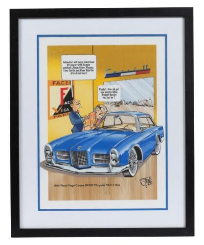 STONIE: A framed and glazed John 'Stonie' Stoneham print featuring a character of a 1964 Facel Vega Coupe HK500 Chrysler V8 6.3 litre