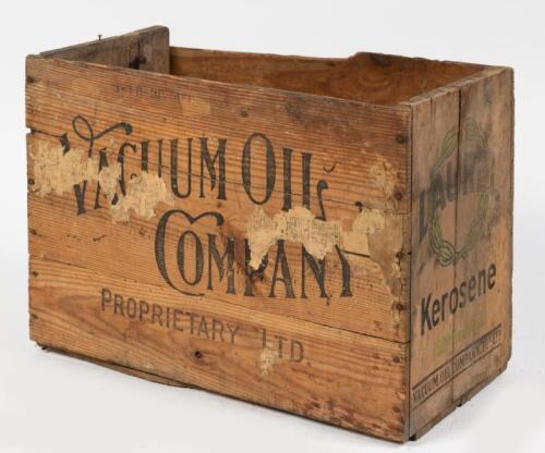 LAUREL KEROSENE: A vintage wood 'Laurel Kerosene' 'Vacuum Oil Company' box, with print advertising to panels