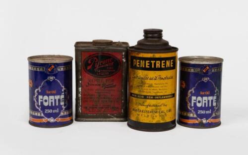 TINS: Four tins including a early Pyrene fire extinguisher liquid tin, Penetrene tin and two Forte' 250ml cans