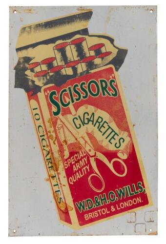 SCISSORS: A vintage british 'Scissors' special army quality cigarettes tin shop display sign. 23.5cm wide, 35.5cm high.