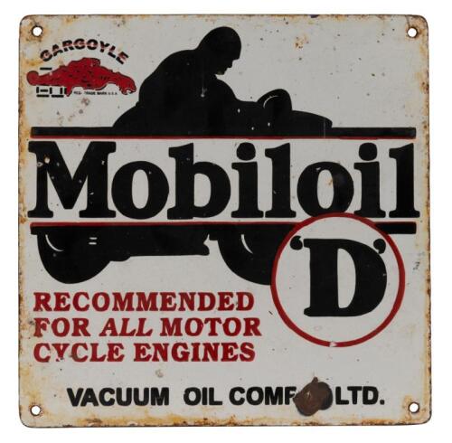 MOBILOIL: A superb early enamel Mobiloil 'D' grade motor oil sign featuring pictorial of a figure on a motorcycle, measures 30.5cm wide, 30.5cm high square.