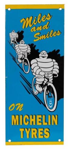 MICHELIN: A high quality reproduction Michelin Tyres enamel sign featuring smiling bibendums on bicycles, 'Miles & Smiles on Michelin Tyres'