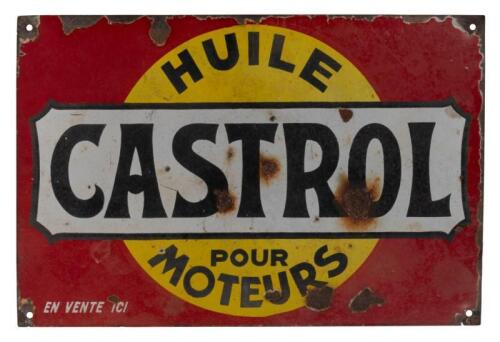 CASTROL: An early french Castrol 'Huile Pour Moteurs - En Vente Ici' enamel sign, translating to 'Castrol Engine Oils Sold Here' 60cm wide, 40cm high.