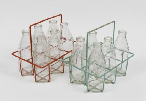 MILK BOTTLES: Two wire carry baskets with glass 600ml Milk bottles
