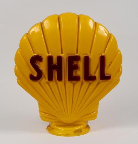 SHELL: A modern reproduction plastic Shell clamshell globe for petrol pump use. Measures approx 42cm wide, 47cm high 'Bartles & Jaymes - Premium Wine Cooler bar mirror