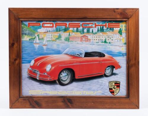 PORSCHE 356: A modern tin Porsche 356 speedster sign in a wood frame.
