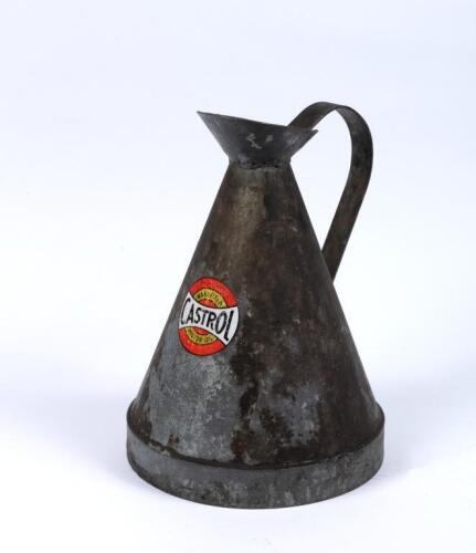 MOTOR OIL: A heavy steel one gallon motor oil jug with later applied modern Castrol Wakefield sticker