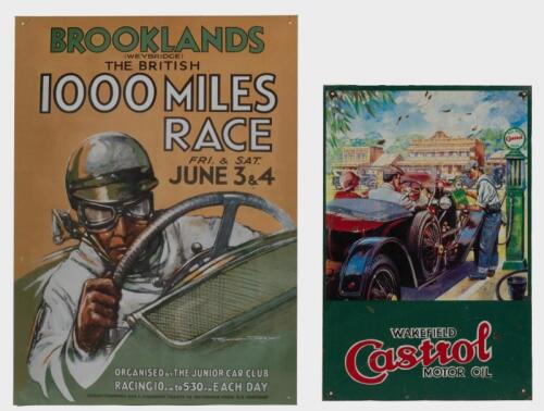 SIGNS: Two modern tin signs including 'Brooklands (Weybridge) The British 1000 Miles race' and a Castrol Wakefield motor oil tin sign, largest 40cm wide, 55cm high.