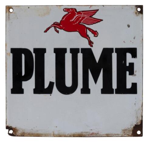 PLUME: A enamel Mobil 'Plume' sign featuring the Pegasus to top, 30.5cm wide, 29.5cm high