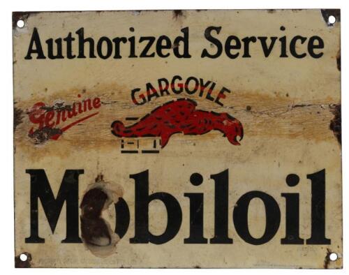 MOBILOIL: A original enamel Mobiloil Gargoyle 'Authorized Service' sign, enameled by Laughtons Enamellers Footscray Victoria. 34.5cm wide, 27cm high.&nbsp;