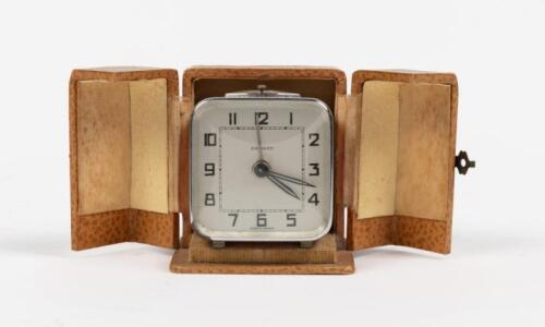 TRAVEL CLOCK: A nice pink art deco french 'Bayard' travel clock with original case