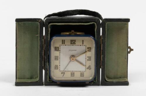 TRAVEL CLOCK: A lovely blue art deco french 'Bayard' travel clock with original case